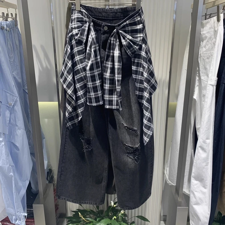 设计感格子屁帘遮胯破洞牛仔裤女秋季新款高腰显瘦阔腿裤时尚灰色