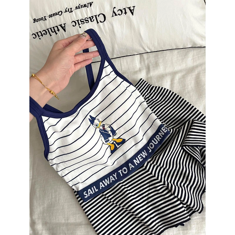 【卡通唐老鸭】韩版条纹吊带睡衣女夏季爆款亲肤背心短款家居服套装