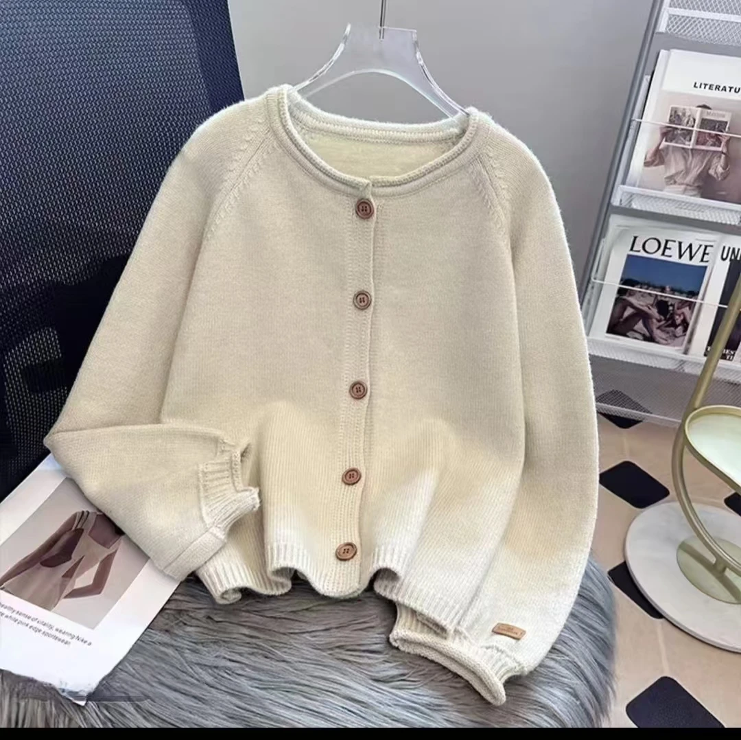 2024秋冬新款气质短款时尚百搭加厚圆领韩版针织开衫女A034