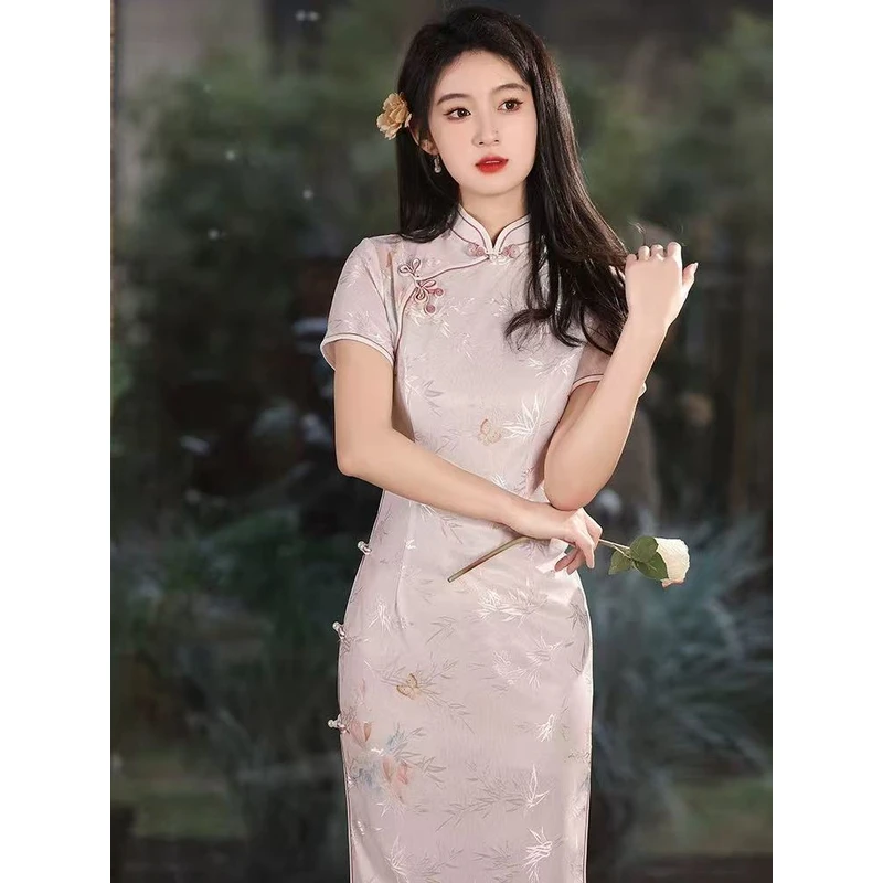 0573  粉色 【泛念】葫芦花扣 竹影 旗袍