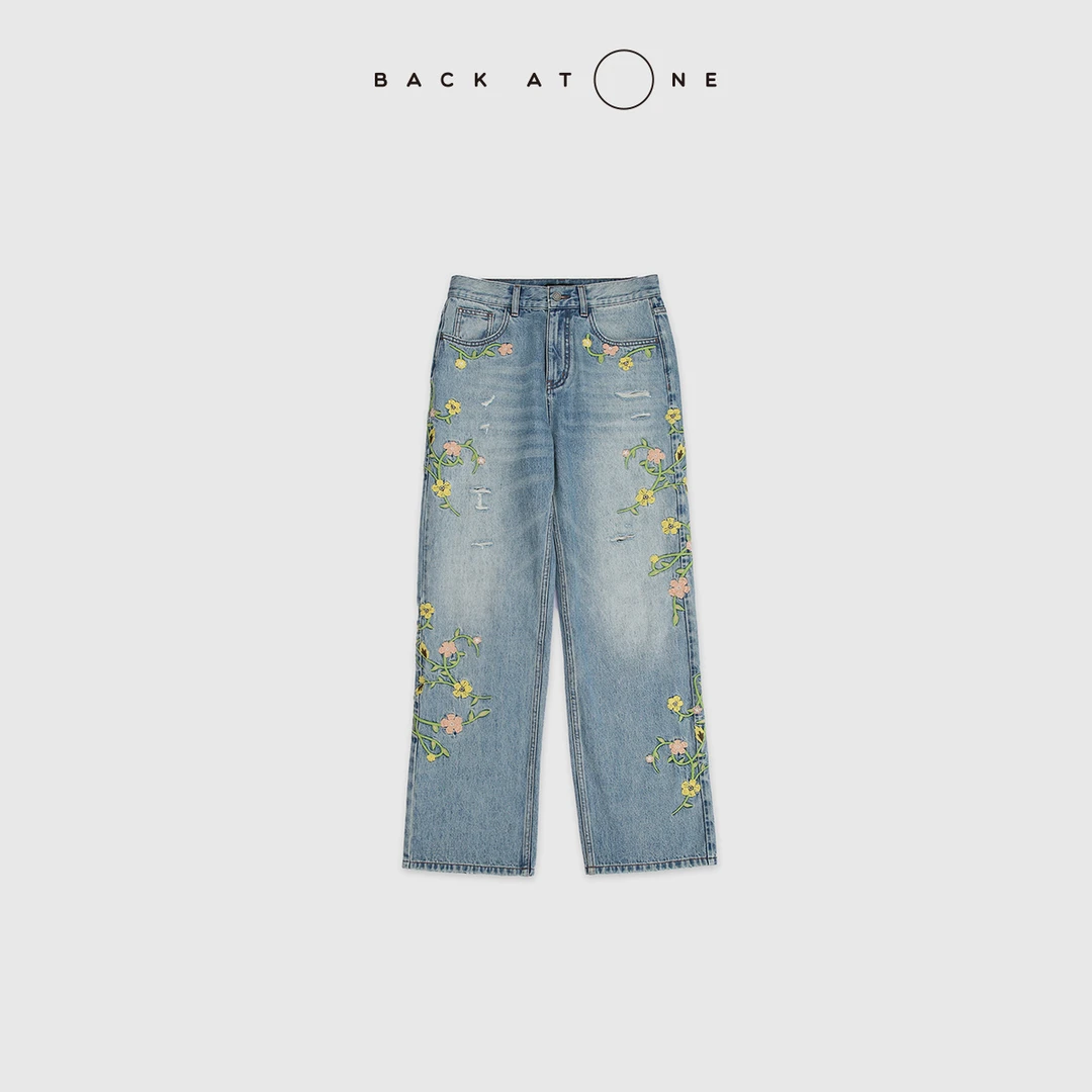 周年庆“花间行”无弹经典复古蓝直筒绣花牛仔裤 BFS-2DI073C-K
