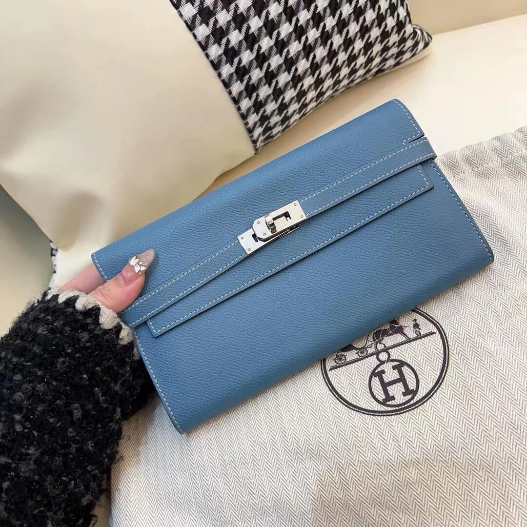 99新 Hermes/爱马仕 【老于包展】205/kelly钱包牛仔蓝银扣e皮p钱包