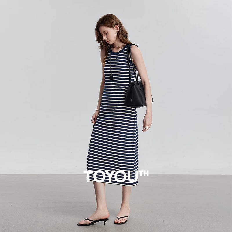 【琥珀流光】初语藏青条纹修身背心裙2025慵懒显瘦中长打底连衣裙