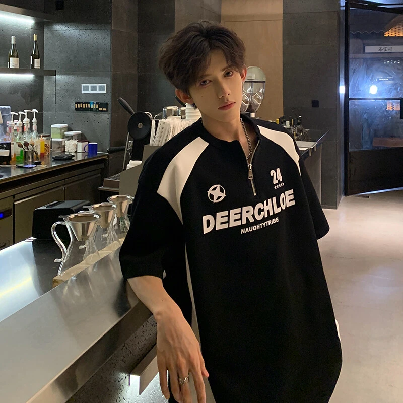 【欧若风】短袖t恤潮流半拉链插肩袖宽松ins设计感休闲上衣机车半袖