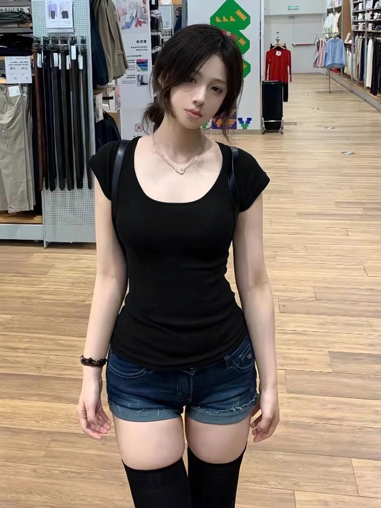初夏季新款辣妹掐腰基础款U领打底短袖T恤女韩系纯欲修身显瘦上衣