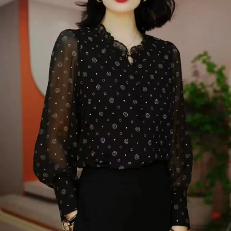 81214黑色圈圈花瓣领长袖衬衫透气凉快小衫长袖显瘦百搭打底上衣