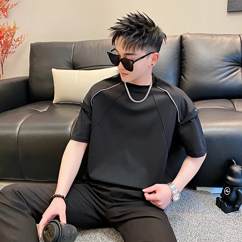 男士短袖t恤夏季2025新款个性拉链拼接痞帅潮牌圆领半袖男装体恤