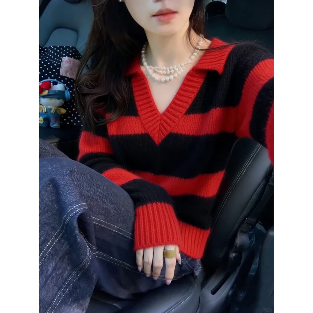 时尚洋气时髦设计感超好看叠穿上衣高级感红色条纹针织毛衣女冬季
