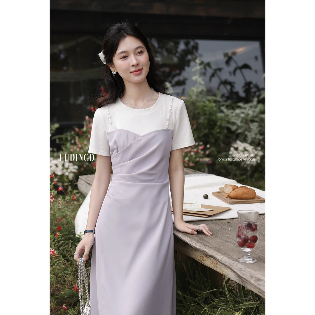 鹿盯盯微胖大码女装胖mm紫色假两件短袖连衣裙女夏季收腰显瘦裙子