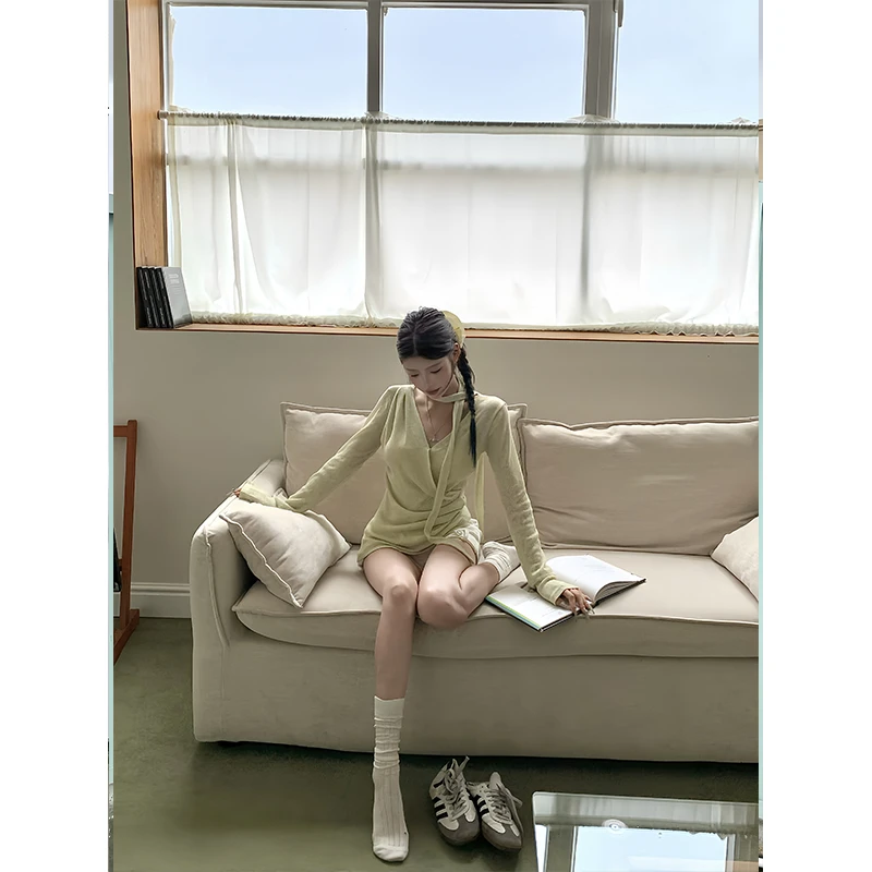 【七七清仓】新款夏季修身显瘦纯欲时尚小众不规则长袖T恤252U2941