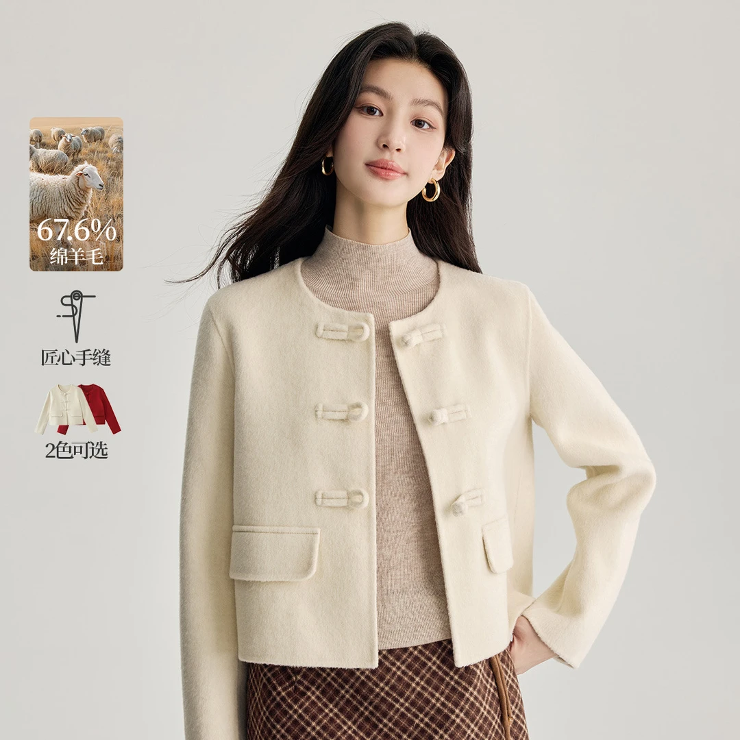 茵曼冬季女毛呢外套大衣绵羊毛红色新款圆领休闲中国中式时尚双面