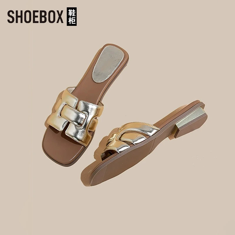 SHOEBOX鞋柜百搭夏季显白外穿拖鞋女2025新款编织沙滩一字凉拖