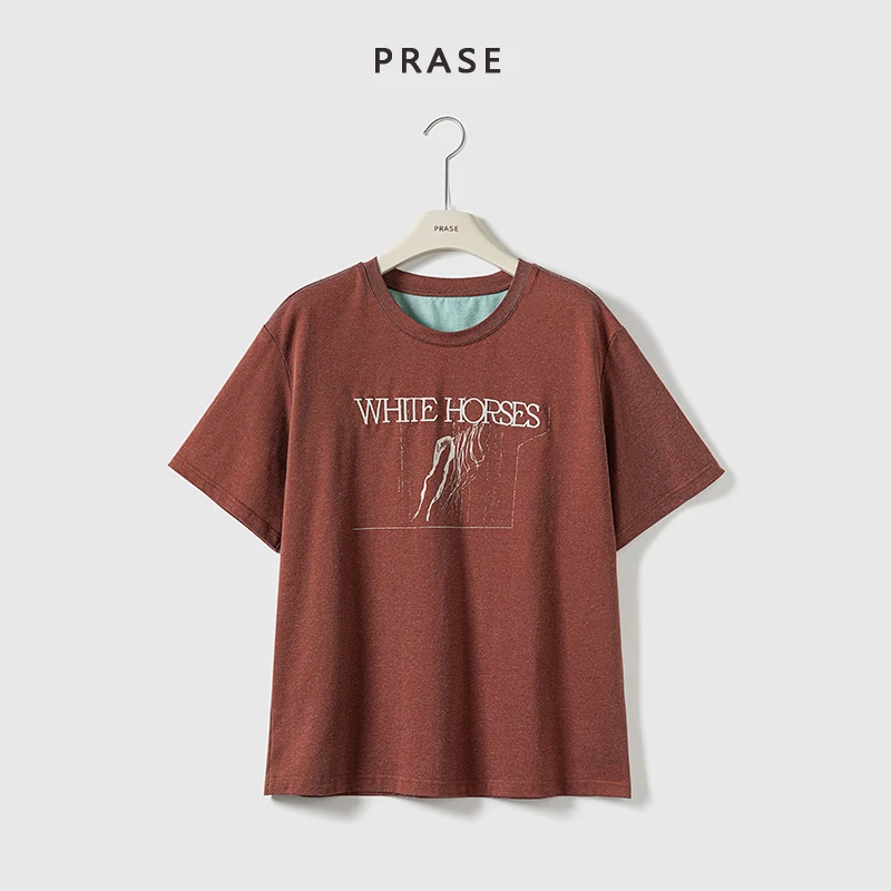 PRASE·噜【美式复古T】微胖轻奢设计款夏棉时尚宽松印花T恤PR505B28