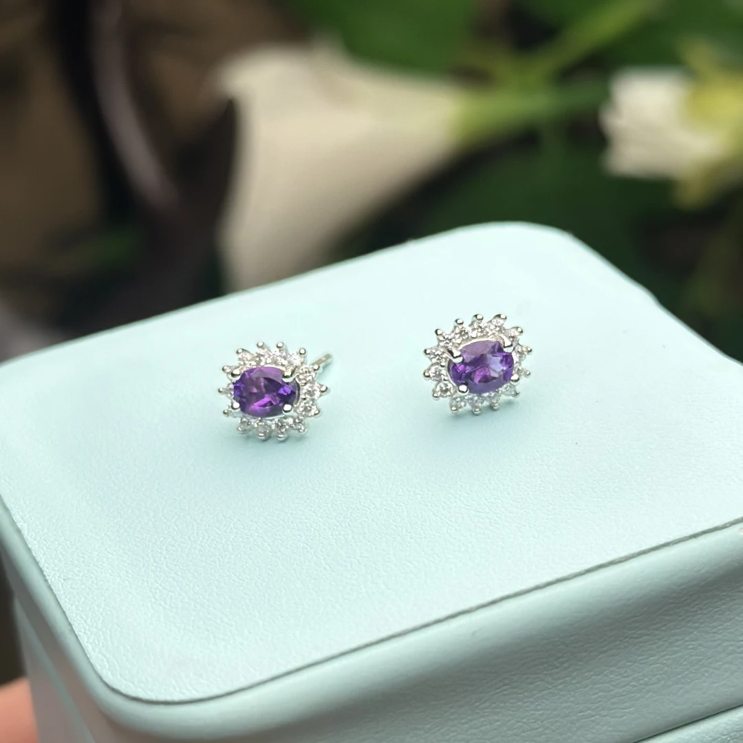 【662】天然太阳花款紫水晶耳钉
