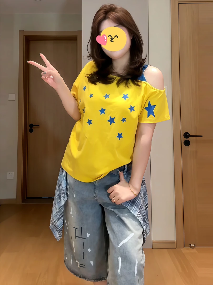 美式复古星星吊带斜肩短袖t恤女宽松多巴胺设计感假两件甜辣上衣