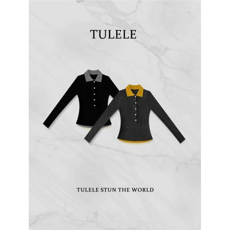TULELE【小美好】假两件撞色拼色气质显瘦修身针织百搭毛衣2725
