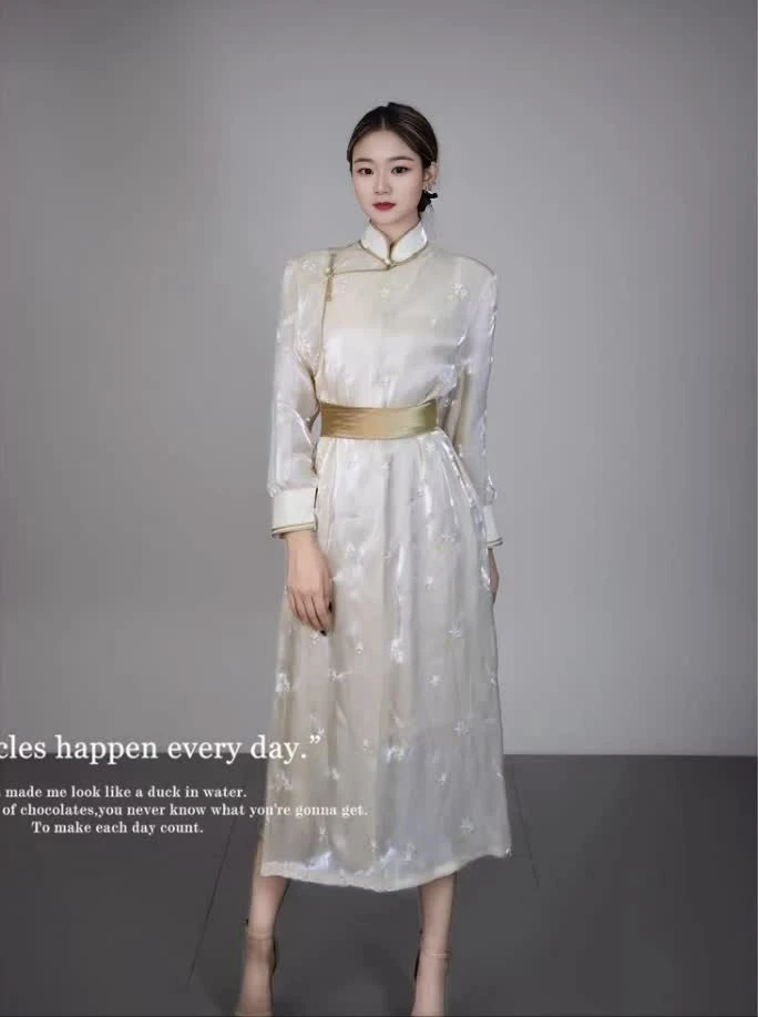 【蒙式丽人】蒙古袍连衣裙珠光高定两件套传统袍气质款设计师设计款