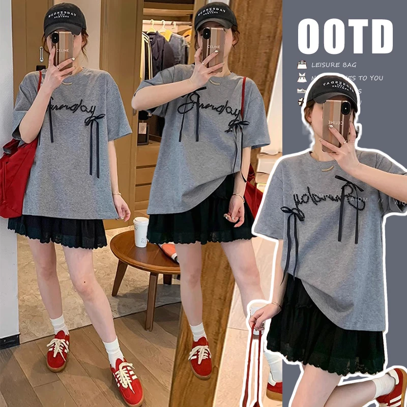 2025夏季韩版宽松休闲显瘦经典宽松上衣+无托腹半身裙孕妇两件套