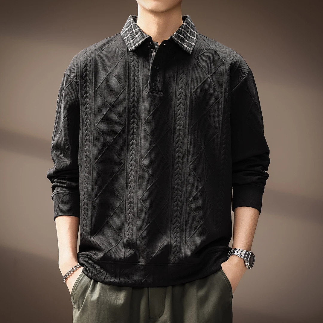 MR.MUDI/穆迪先生美式麦穗纹肌理长袖Polo衫男秋季假两件翻领卫衣