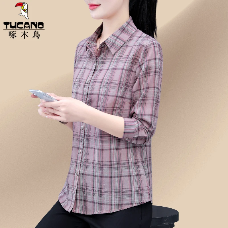 啄木鸟品牌女士2025新款衬衫女上衣春装女装妈妈格子衬衣气质小衫