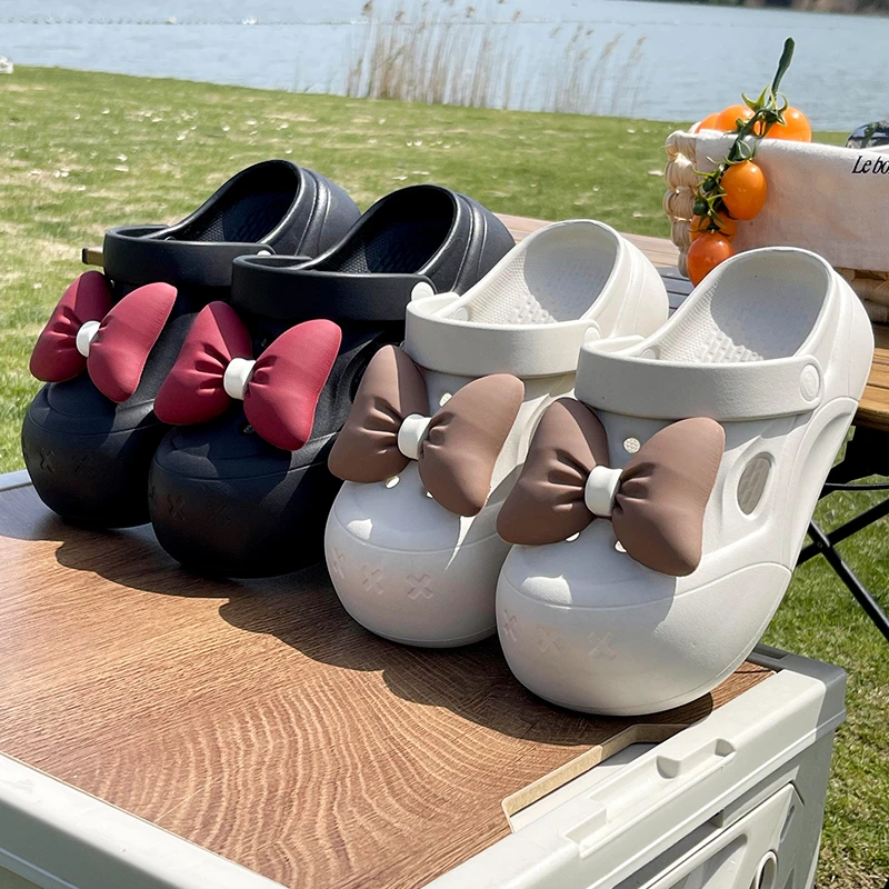 启布熊软底外穿蝴蝶结时尚洞洞鞋女户外夏季包头半托沙滩凉拖鞋