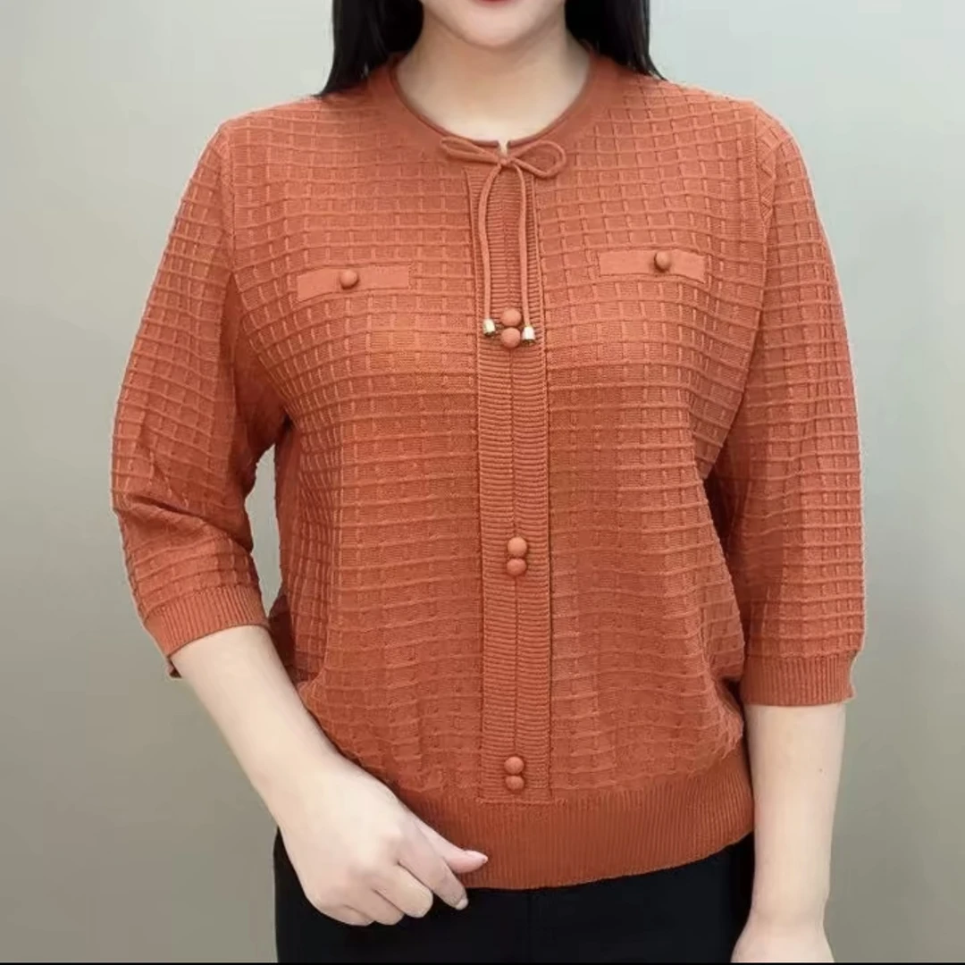 早春新款时尚百搭纯色七分袖大码舒适妈妈衫休闲通勤宽松显瘦上衣