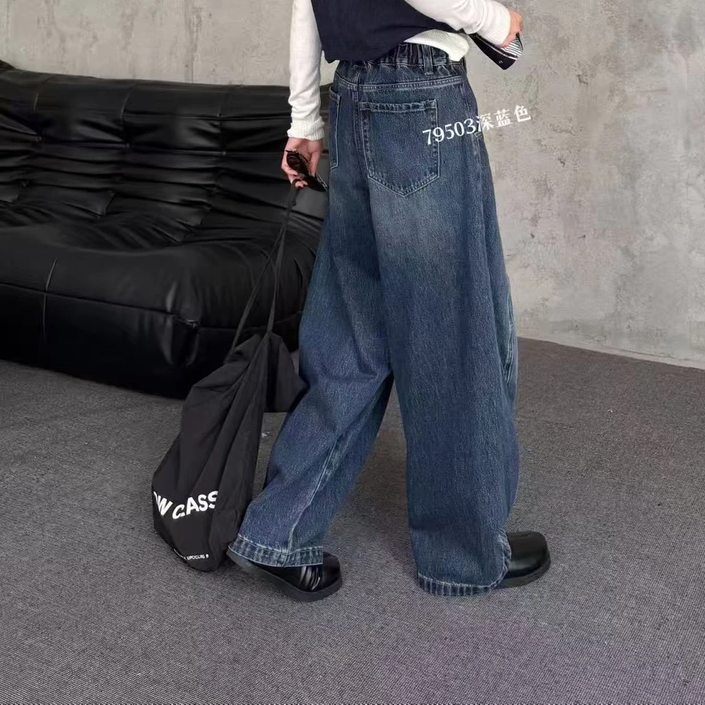 蓝色阔腿牛仔裤女复古高腰显瘦宽松直筒裤子春秋款韩版