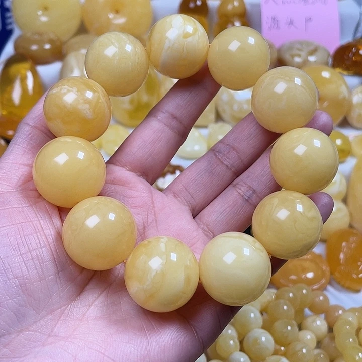 蜜蜡裸石未镶嵌黄白花蜡圆珠手串