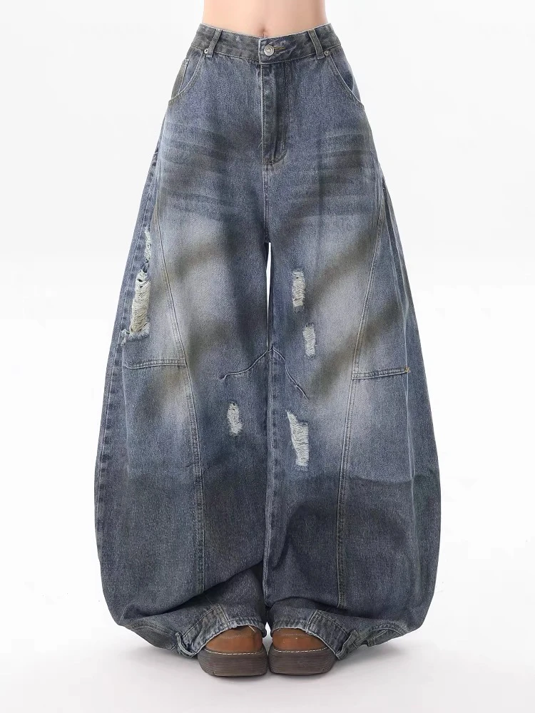 美式复古水洗做旧弯刀设计牛仔裤男女潮牌阔腿宽松长裤子