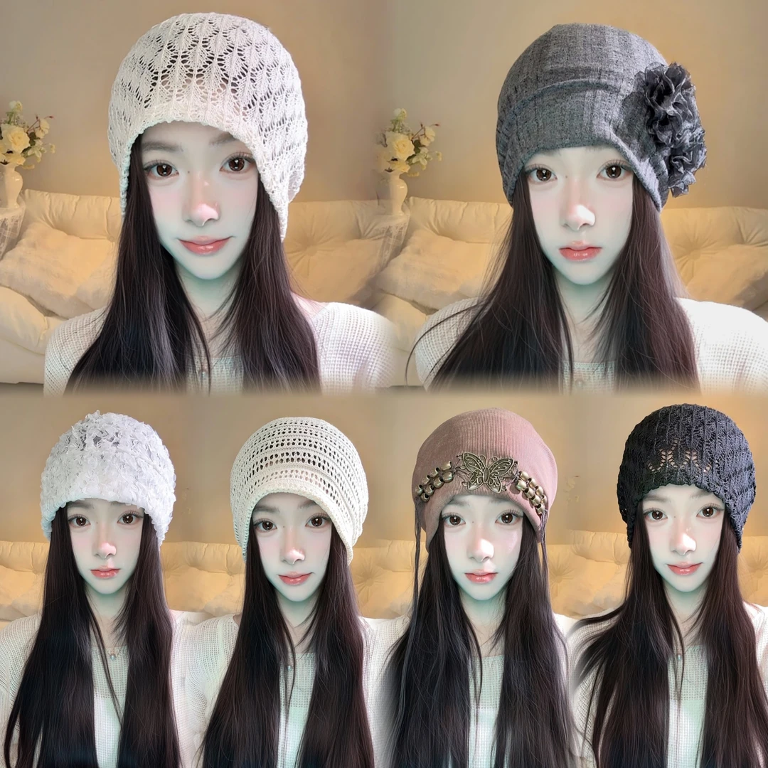 薄款甜美冷帽集合显脸小套头帽ins小众花瓣蝴蝶春夏季日甜美网红