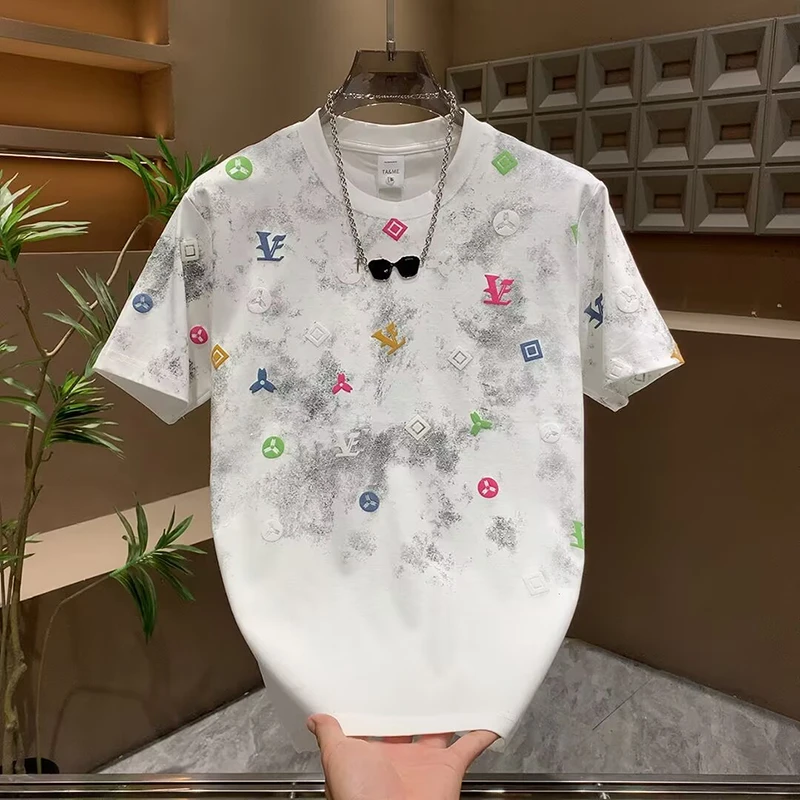 2025新款设计感发泡印花短袖T恤男夏季时尚潮流休闲百搭扎染半袖