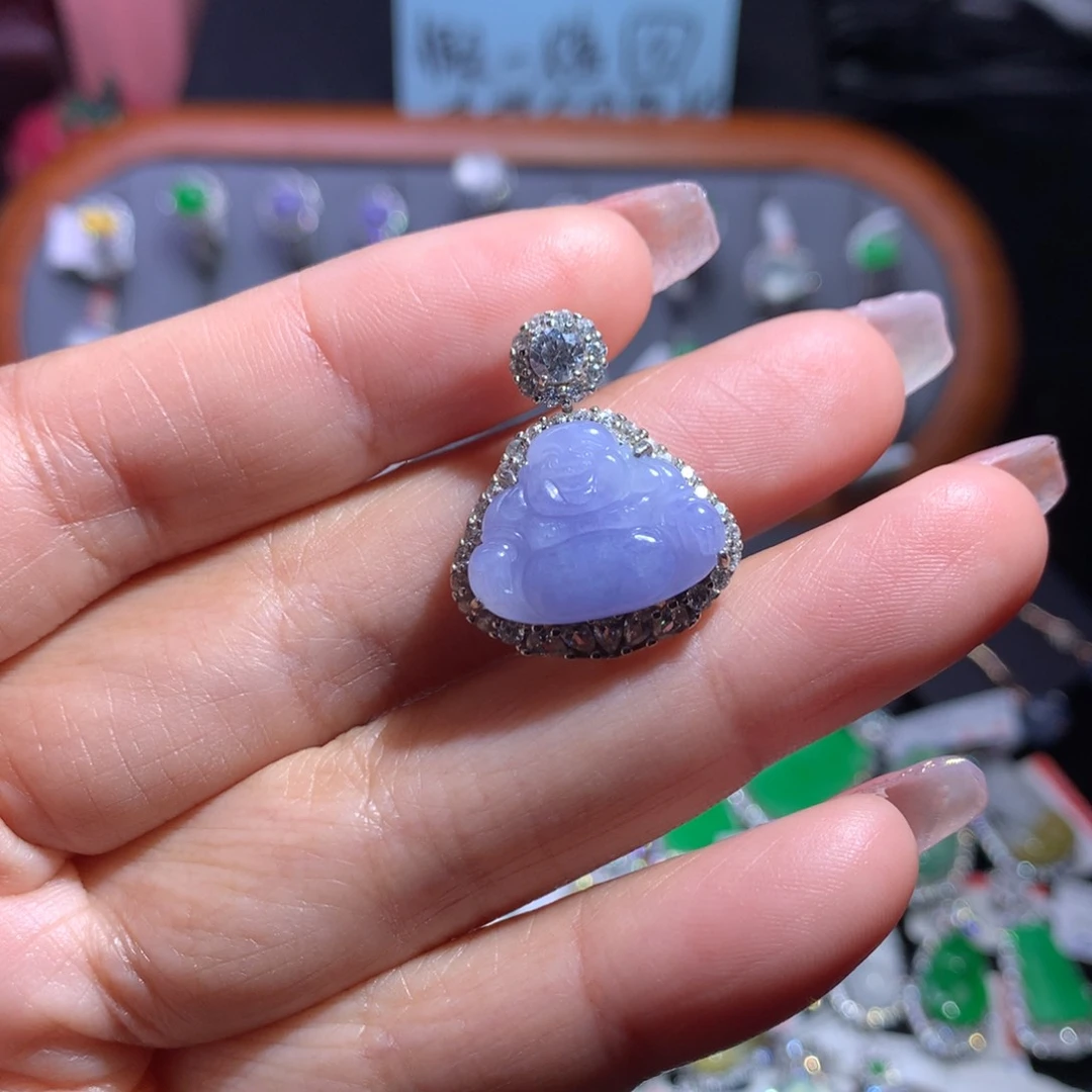 翡翠颈饰银S925镶嵌天然翡翠A货缅料紫翡佛公吊坠