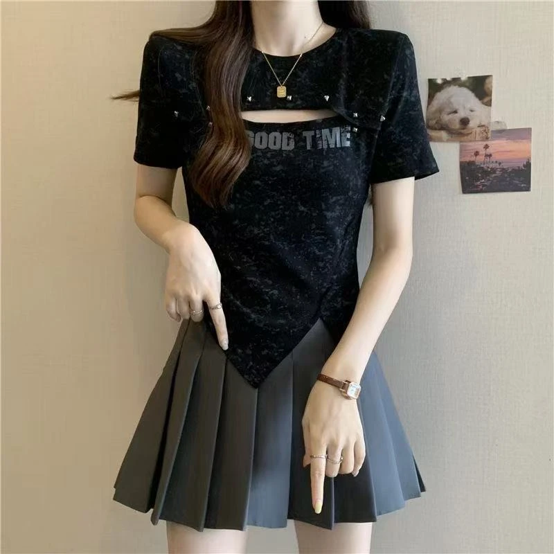 时尚钉珠T恤女短袖夏欧货显瘦镂空别致上衣洋气百搭半袖体恤小衫