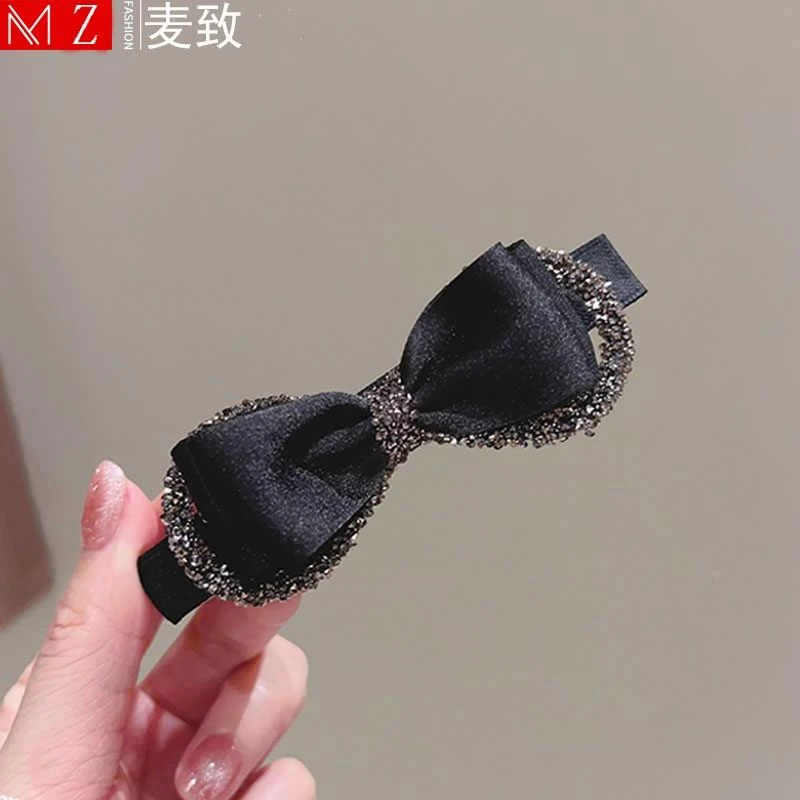 轻奢质感蝴蝶结发夹小香风黑色一字夹后脑勺盘发半扎发弹簧钢夹女