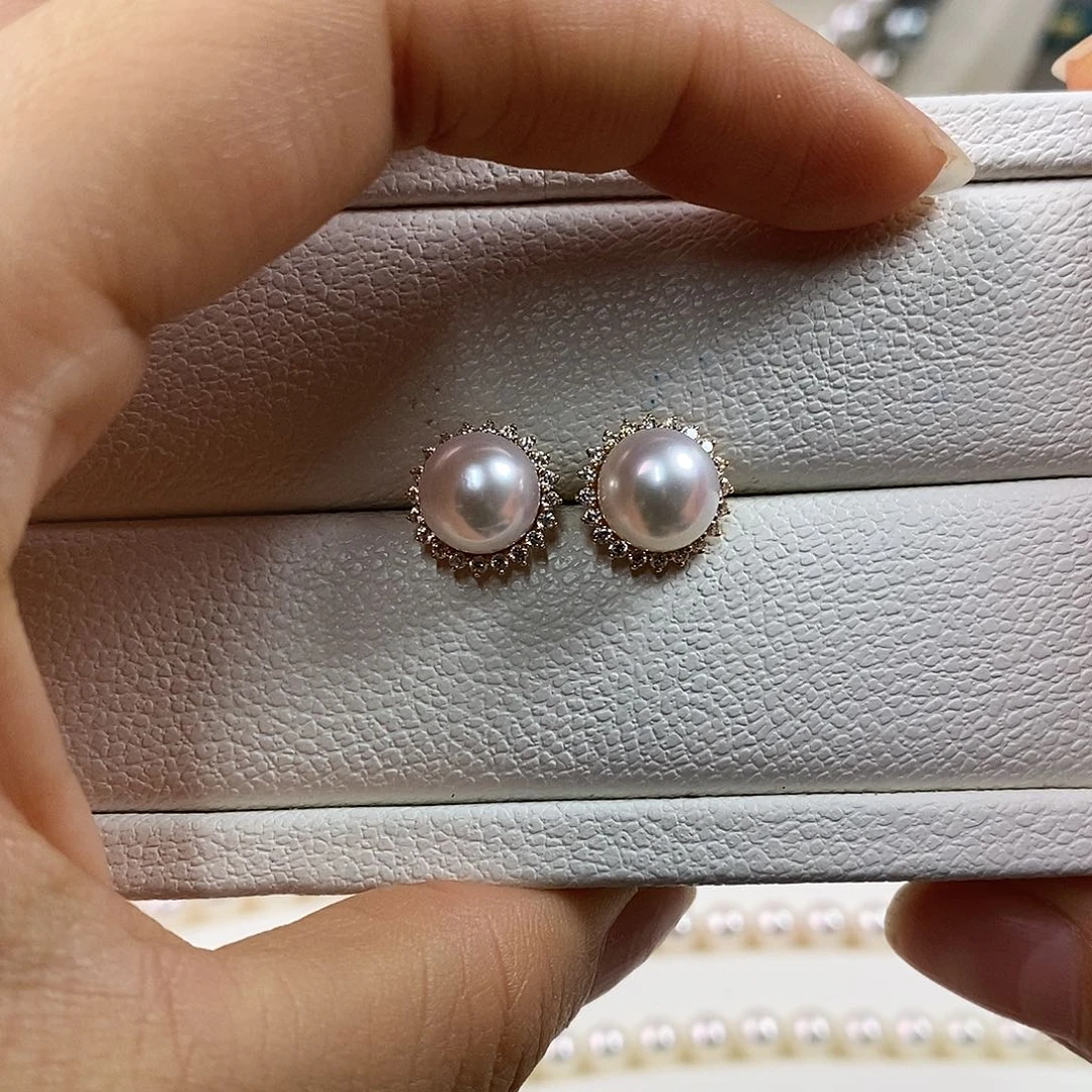 耳饰海水珍珠18K金镶嵌8,5-9m日本海水珍珠耳环（天女品质）