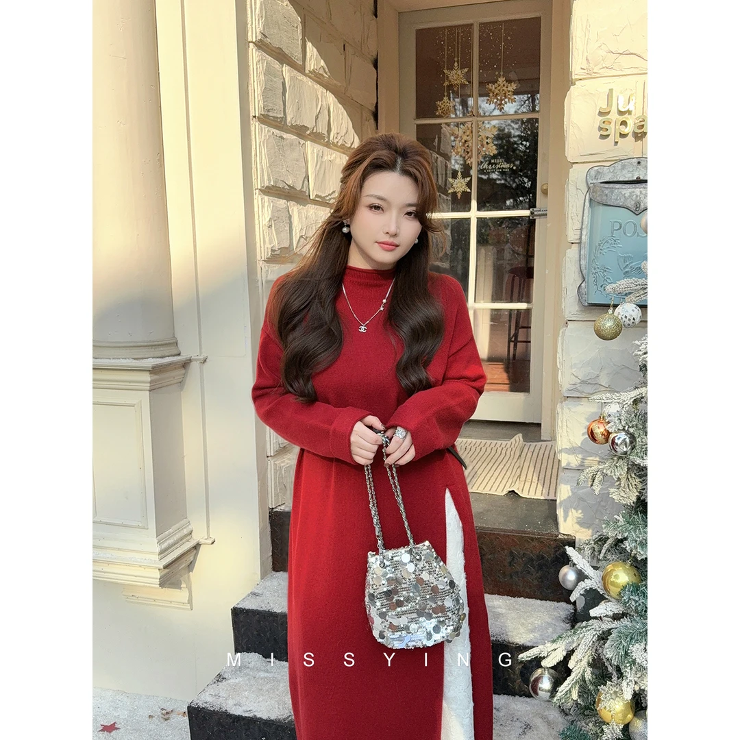 应小姐【浪漫时区】微胖大码秋冬显瘦温柔气质慵懒长款毛衣连衣裙