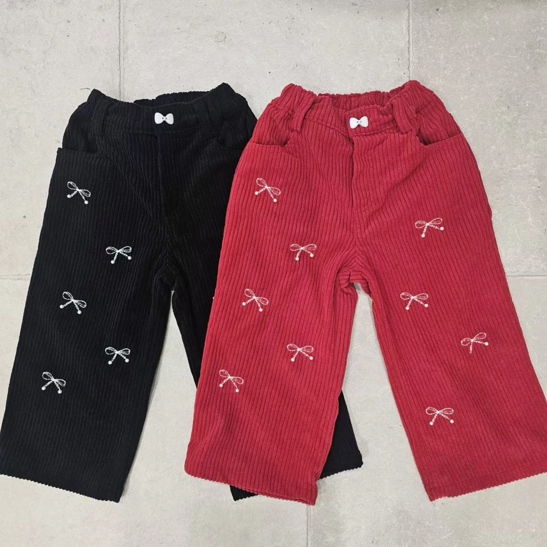 韩国星宝家25冬女小大童棉软刺绣蝴蝶结珍珠条绒休闲裤