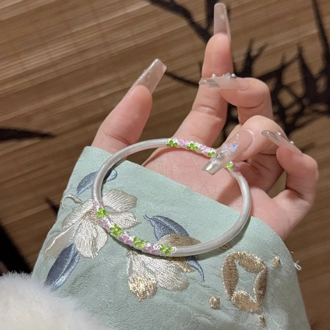 足银手镯 花朵珐琅彩卷草纹纯银手镯999实心闭口银镯子情人节礼物