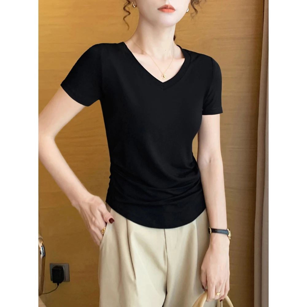 莫代尔短袖T恤女夏季薄款冰丝圆领弹力紧身纯色上衣半袖面膜体恤