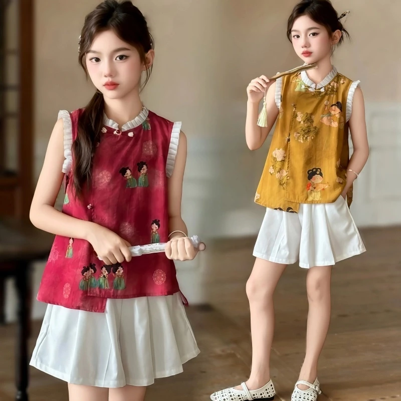 女童新中式套装2025新款儿童国风盘扣衬衫女大童夏季短裤两件套潮
