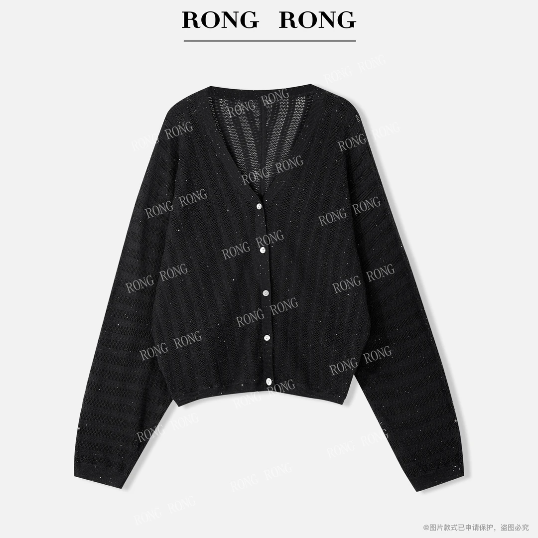 溶溶J【晚空星集】RONGRONG亚麻莱赛尔V领镂空蝙蝠袖开衫25S40-1