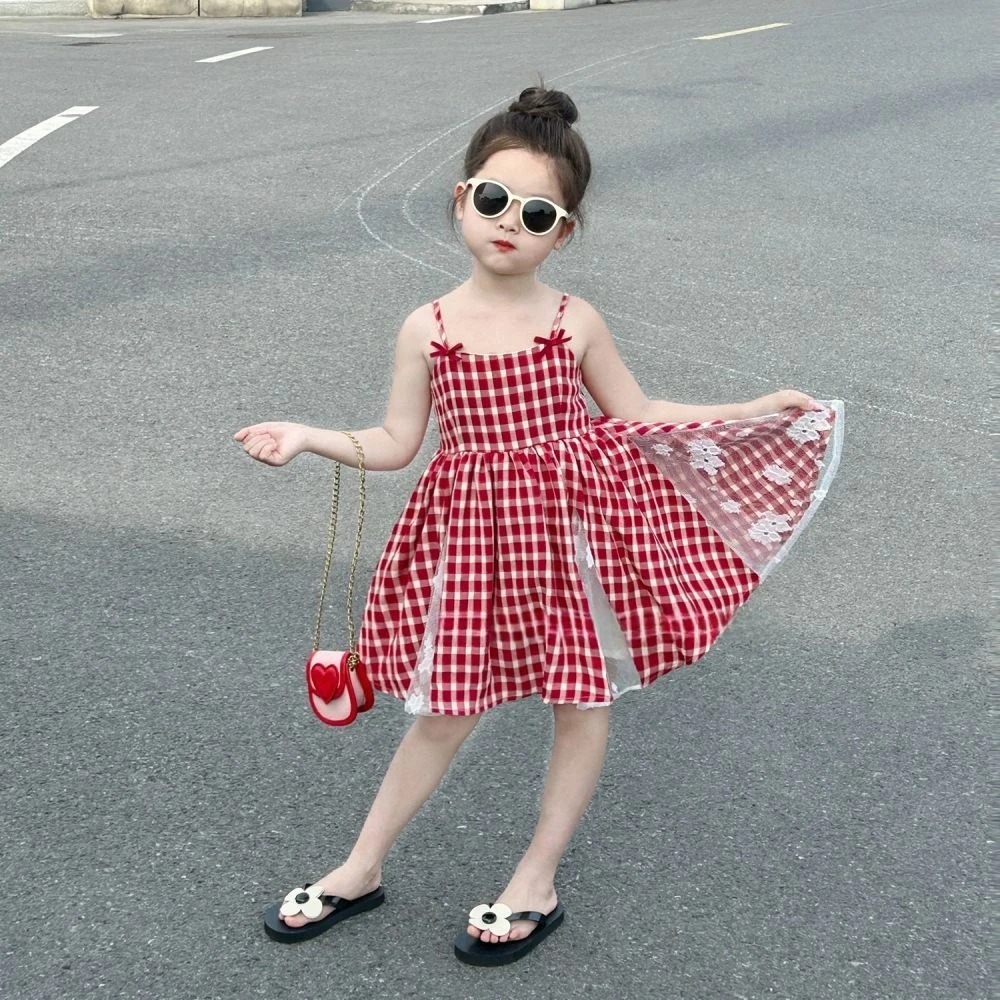 女童红色格子吊带连衣裙2025夏季新款小女孩洋气蕾丝拼接公主裙