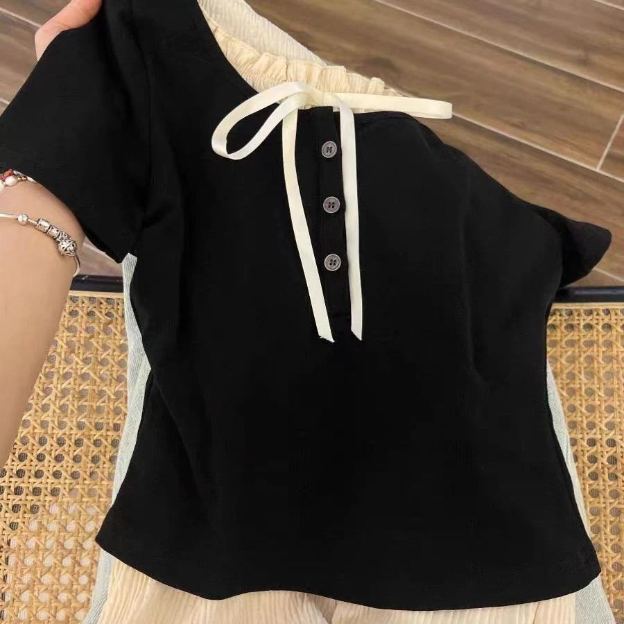 小香风假两件正肩短袖t恤女装夏季小个子设计感小众显瘦百搭上衣