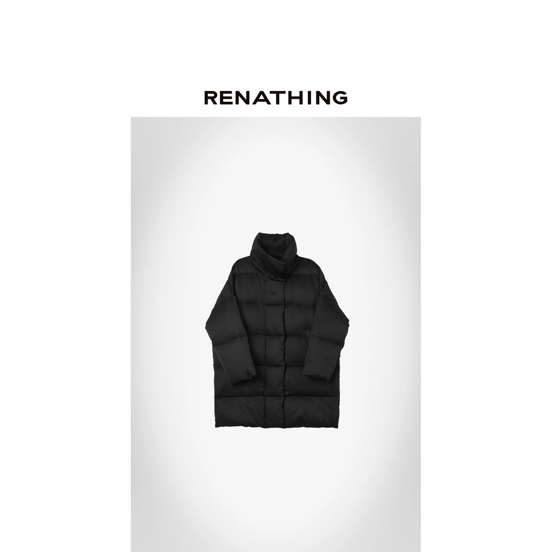【RENATHING】黑色中长款立领羽绒服
