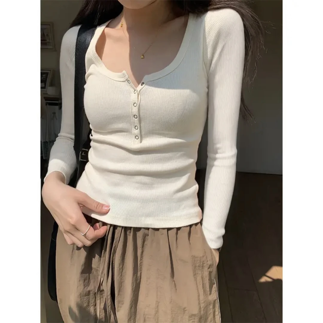 【锦衣服饰】YQ 3227韩系百搭螺纹排扣打底衫