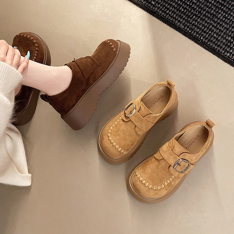 厚底绒面魔术贴全包勃肯鞋女2025秋季新款时尚百搭编织设计乐福鞋