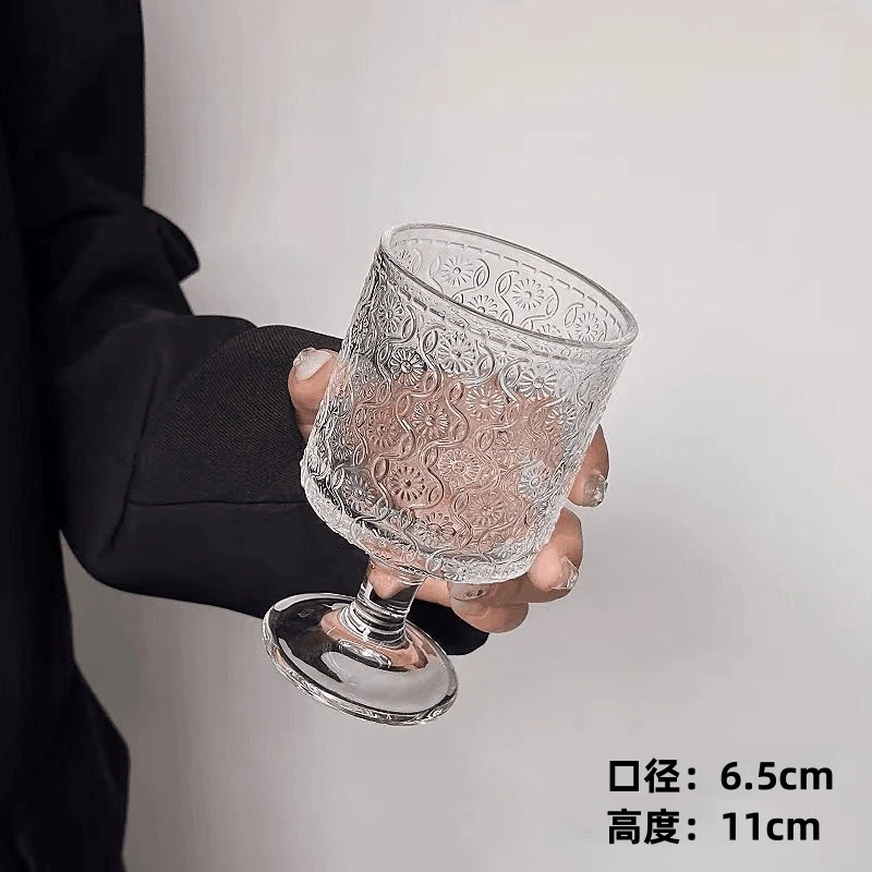 复古ins风海棠花浮雕玻璃杯高颜值酒杯饮料果汁高脚水杯子小巧