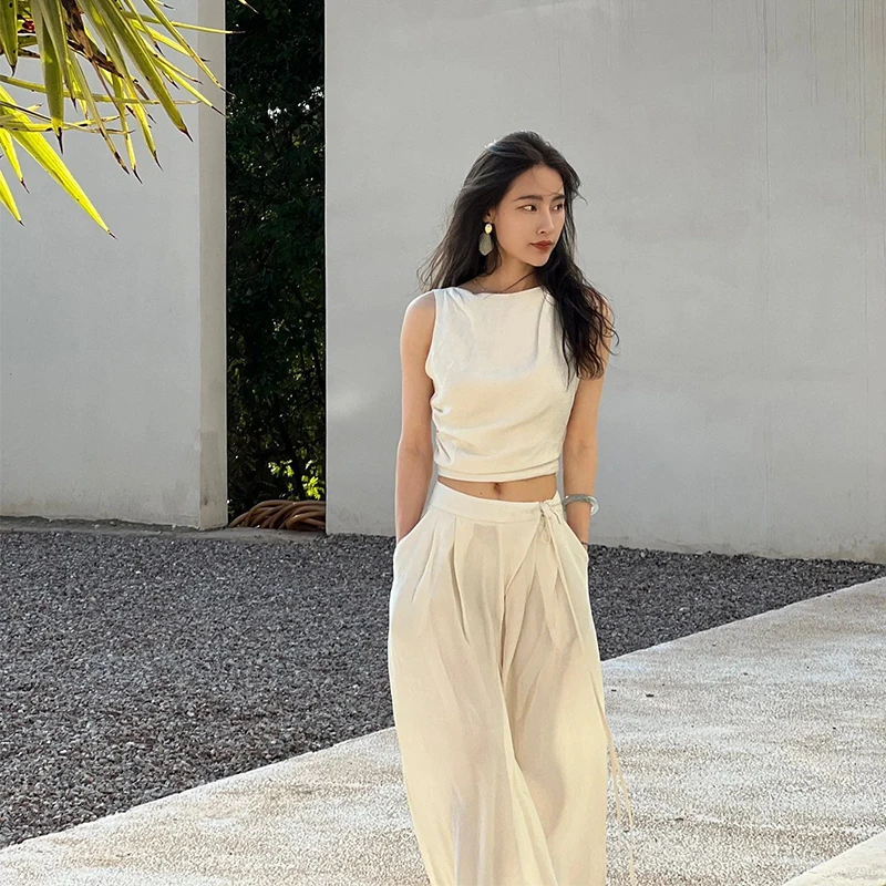 老钱风松弛感米白色无袖背心吊带套装小众设计感高腰阔腿裤两件套