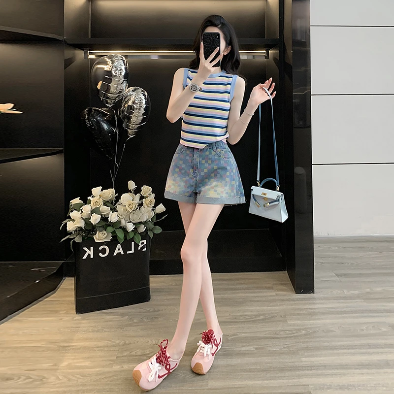 休闲运动套装女夏装穿搭减龄条纹针织背心上衣牛仔短裤时尚两件套