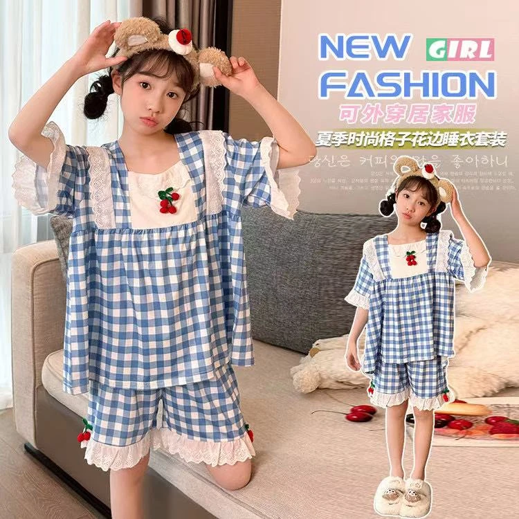 虚拟猫2025年夏季格子睡衣女公主风甜美短袖家居服套装可外穿